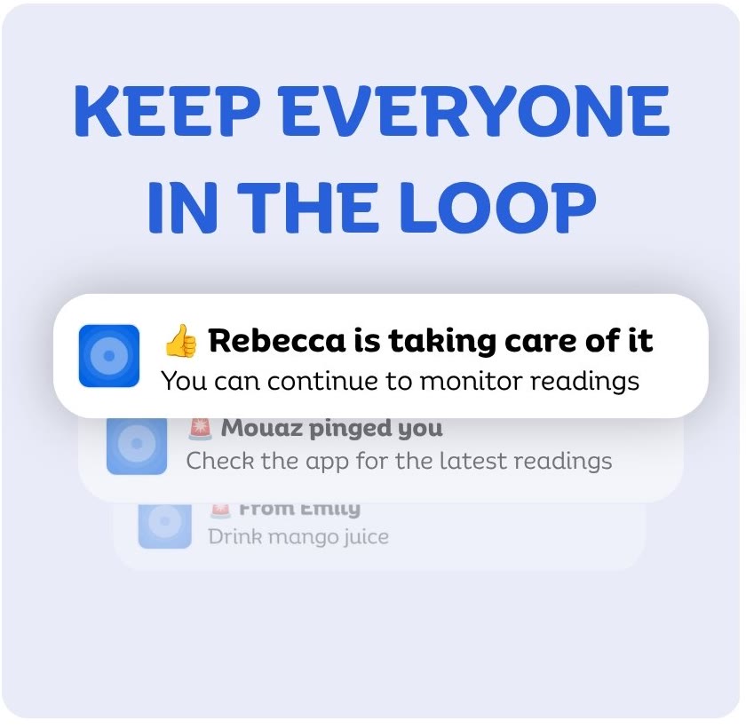 Sweet Dreams Message Group notifications: one caregiver pings, another replies they're taking care of it