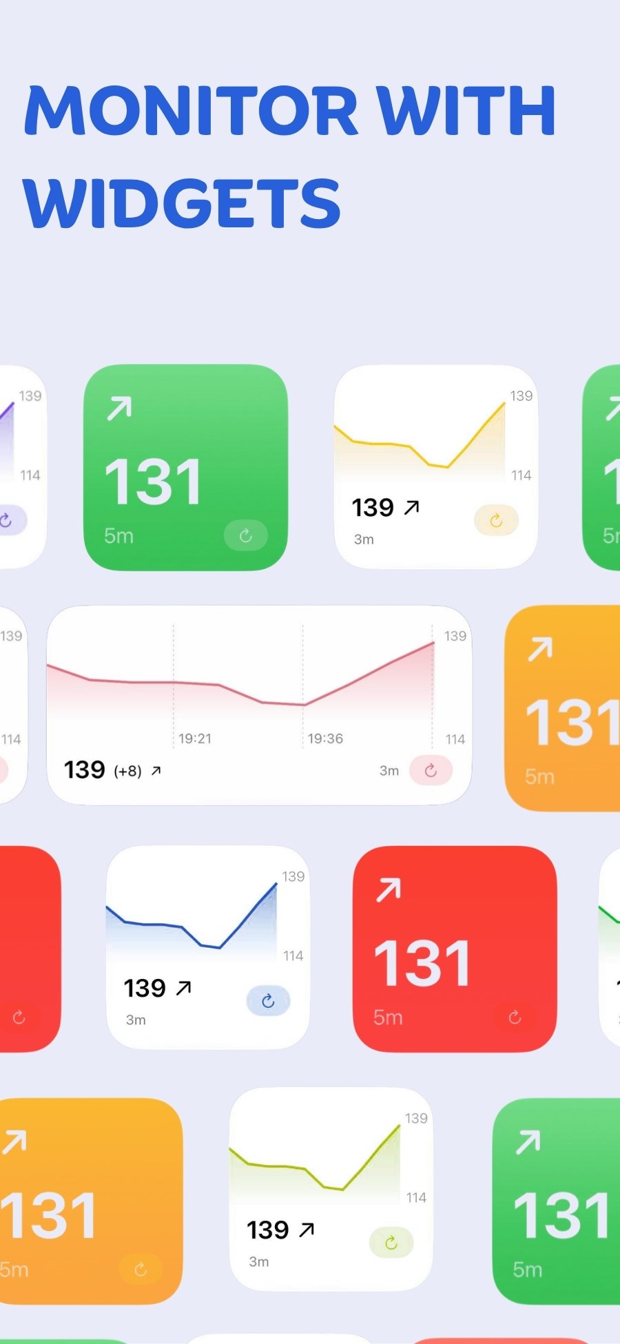 Sweet Dreams glucose widgets on the iPhone Home Screen in several sizes and colours
